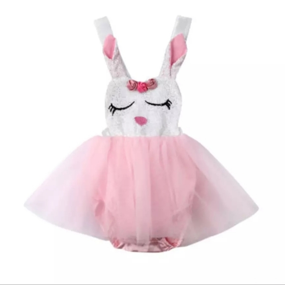 Little Secrets Clothing Baby Girls My 1st Easter Light Pink Tutu Romper with Headband Silver Bunny 0-18months